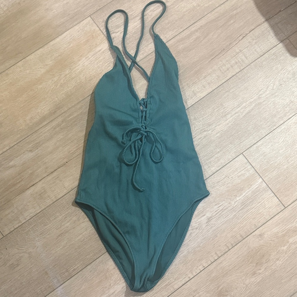 Cupshe Teal Lace-Up Ribbed One-Piece Swimsuit